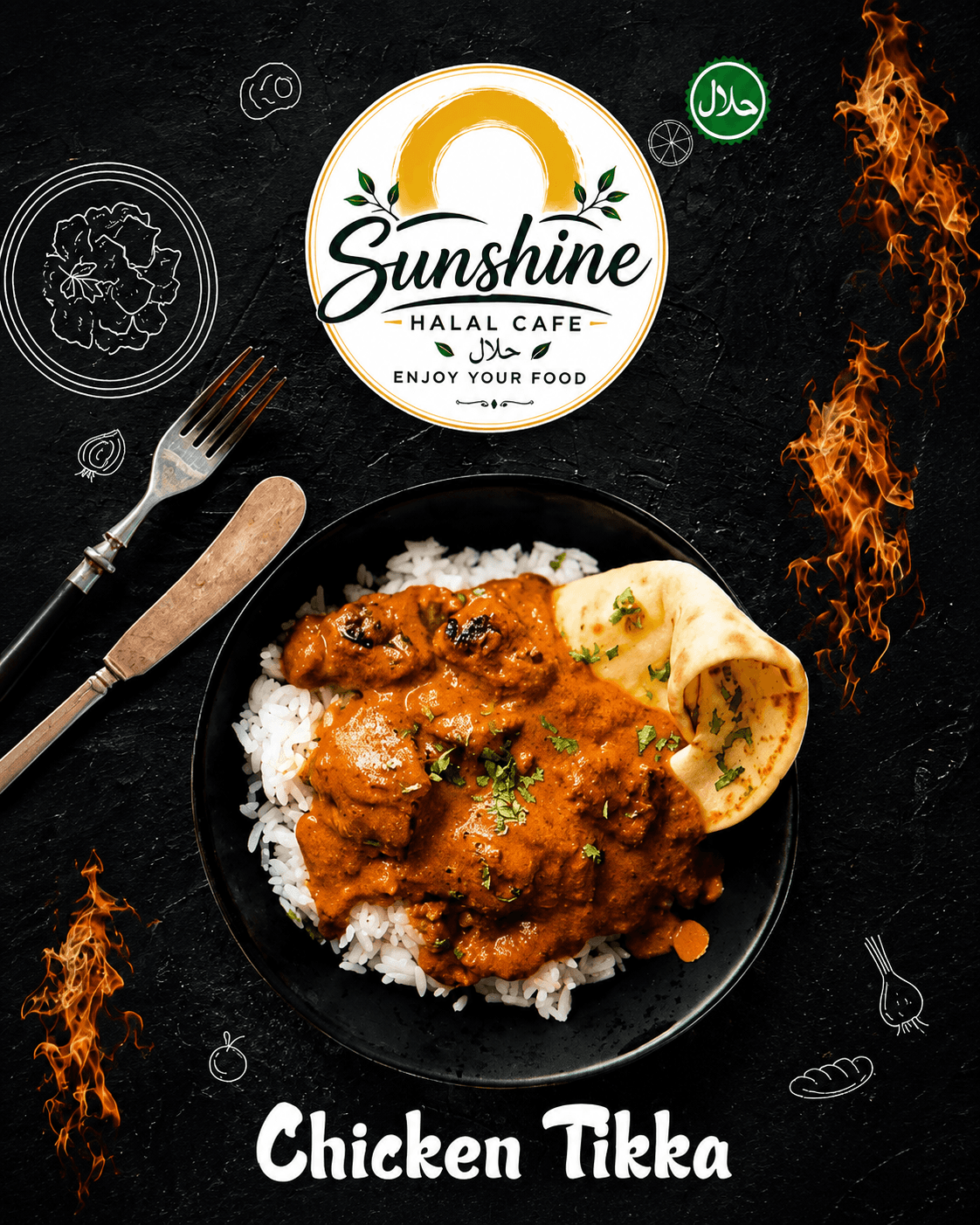 Chicken tikka curry served over rice with naan