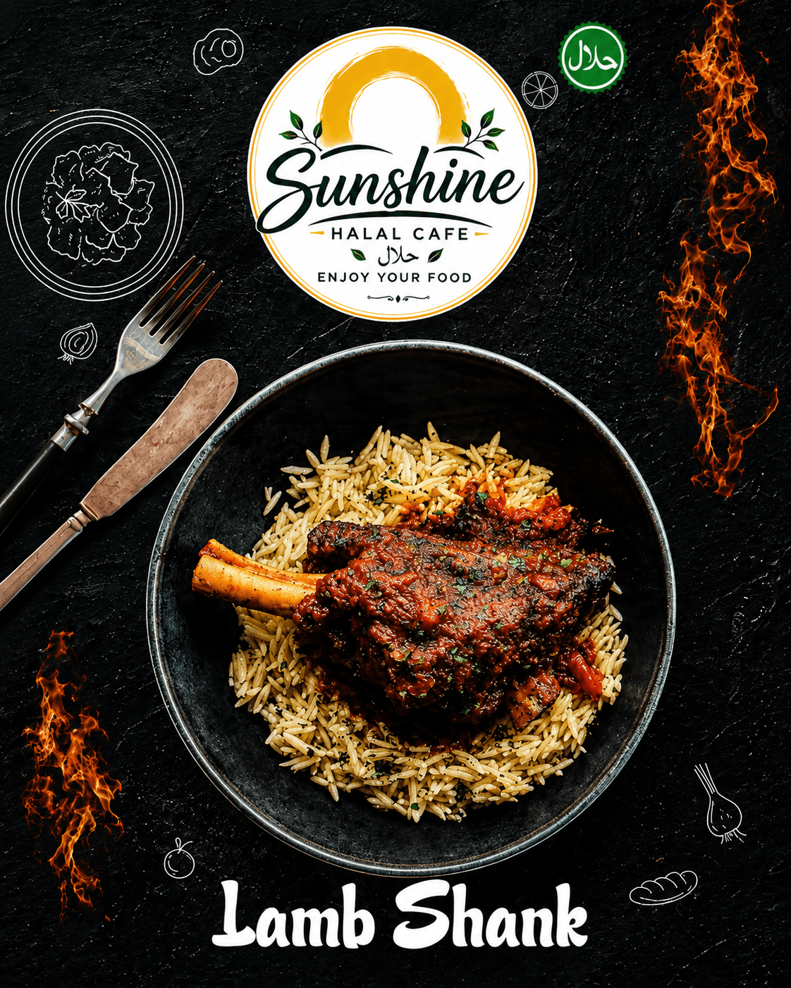 Braised lamb shank served over herbed orzo rice